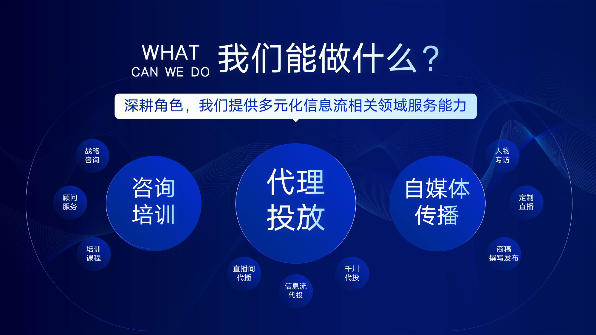 我们能做什么? 咨询培训 代理投放 自媒体传播